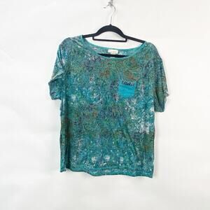 Tru Self 2X Plus Womens Teal Blue Boho Print Pocket Sheer Burnout Tee Shirt